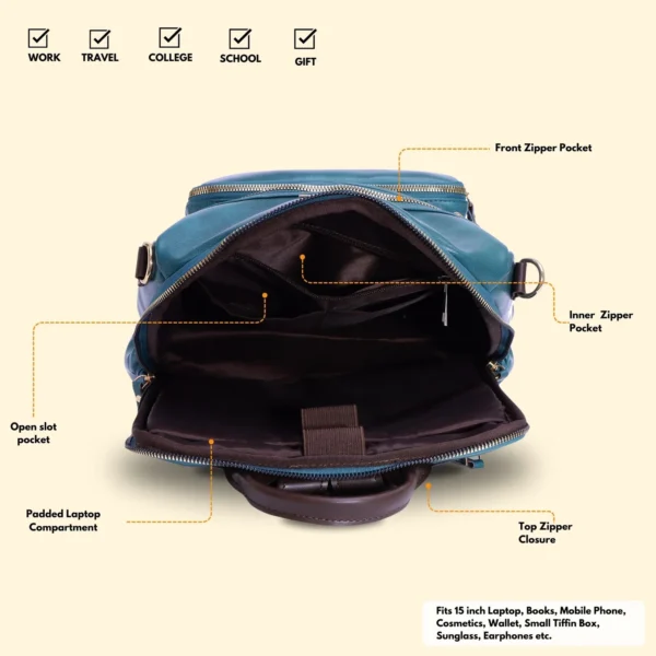 Timeless Diva Women Laptop Backpack - Teal Blue - Image 3