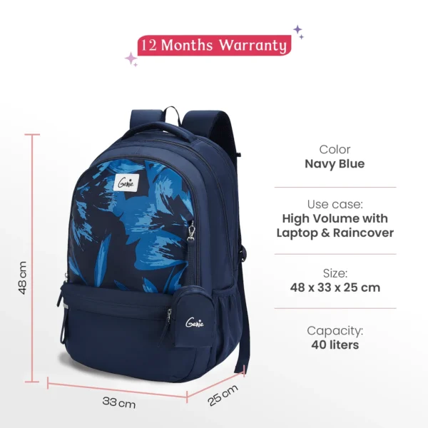 Genie Aria 40L Navy Blue Laptop Backpack With Raincover - Image 3