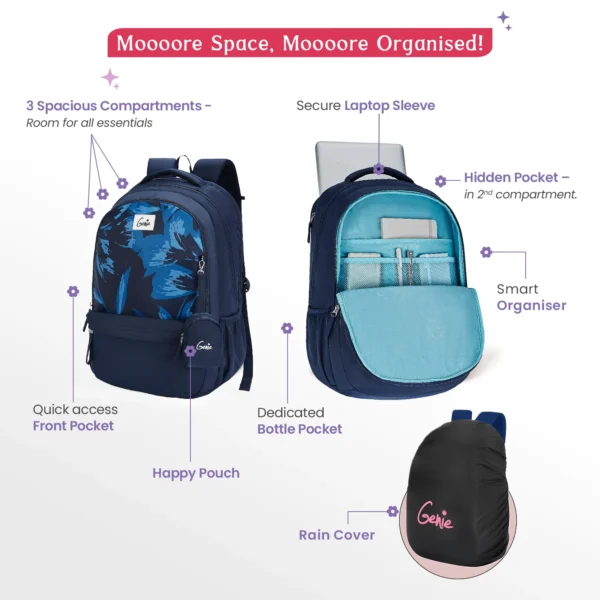 Genie Aria 40L Navy Blue Laptop Backpack With Raincover - Image 5