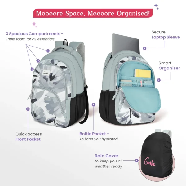 Genie Ruby 36L Grey Laptop Backpack With Raincover - Image 7