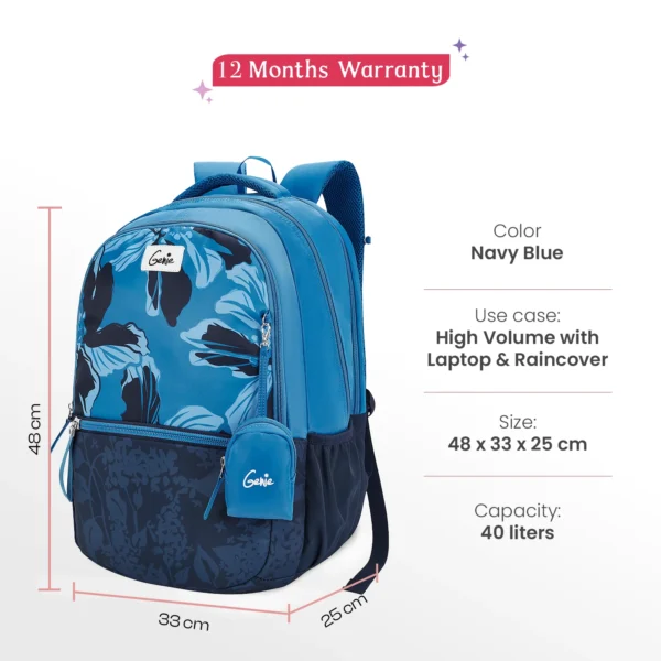 Genie Noah 40L Navy Blue Laptop Backpack With Raincover - Image 9