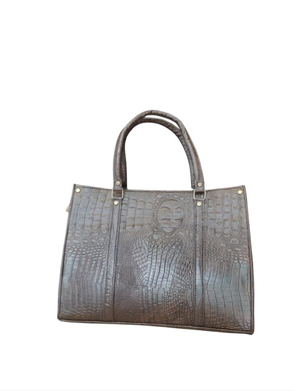 Stylish Dark Brown Crocodile-Embossed Hand Bag - Image 2