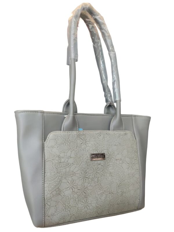 Chic Floral Embossed Faux Leather Tote Bag - Dove Grey - Image 3