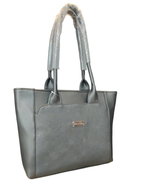 Elegant Floral Embossed Faux Leather Tote Bag - Charcoal Grey - Image 3