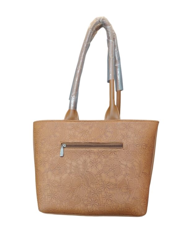 Sophisticated Floral Embossed Faux Leather Tote Bag - Caramel Tan - Image 2