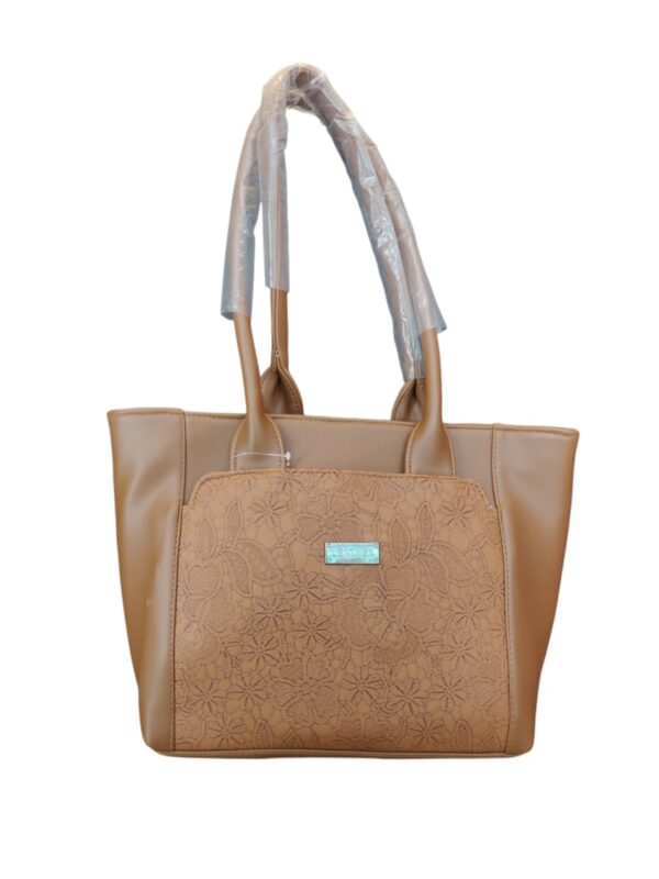 Sophisticated Floral Embossed Faux Leather Tote Bag - Caramel Tan - Image 3
