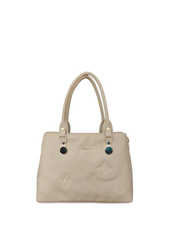 Elegant Embroidered Faux Leather Tote Bag - Soft Taupe - Image 2