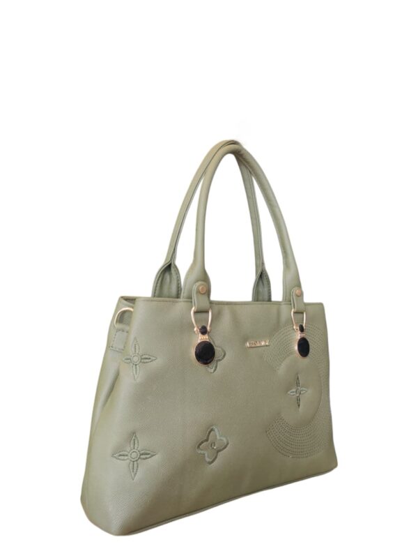 Elegant Embroidered Faux Leather Tote Bag - Soft Taupe - Image 4