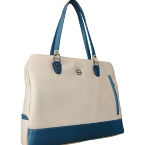 Striking Two-Tone Faux Leather Tote Bag - Cream & Teal Sophistication