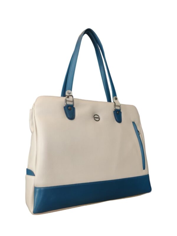 Striking Two-Tone Faux Leather Tote Bag - Cream & Teal Sophistication