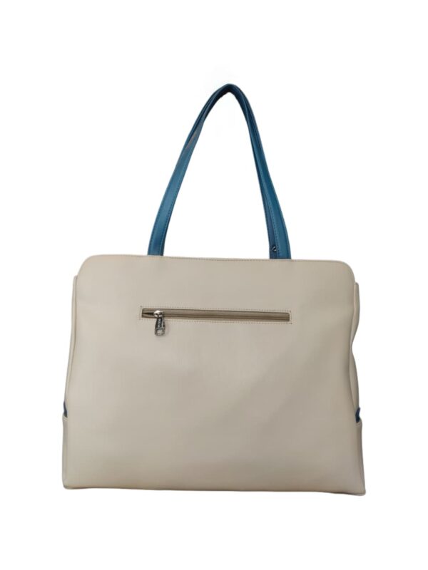 Striking Two-Tone Faux Leather Tote Bag - Cream & Teal Sophistication - Image 2