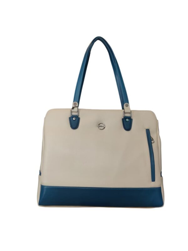Striking Two-Tone Faux Leather Tote Bag - Cream & Teal Sophistication - Image 3