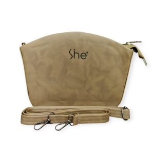 Chic "She" Branded Compact Crossbody Bag - Versatile Beige Pouch