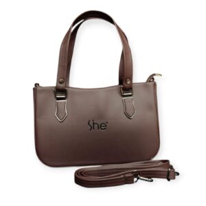 Elegant "She" Branded Tote with Crossbody Option - Versatile Brown Handbag