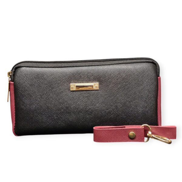 Sophisticated Saffiano-Style Wristlet Wallet - Dual-Tone Brown & Gold - Image 2