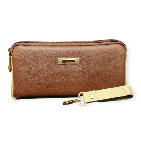 Sophisticated Saffiano-Style Wristlet Wallet - Dual-Tone Brown & Gold - Image 3