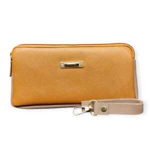 Sophisticated Saffiano-Style Wristlet Wallet - Dual-Tone Brown & Gold