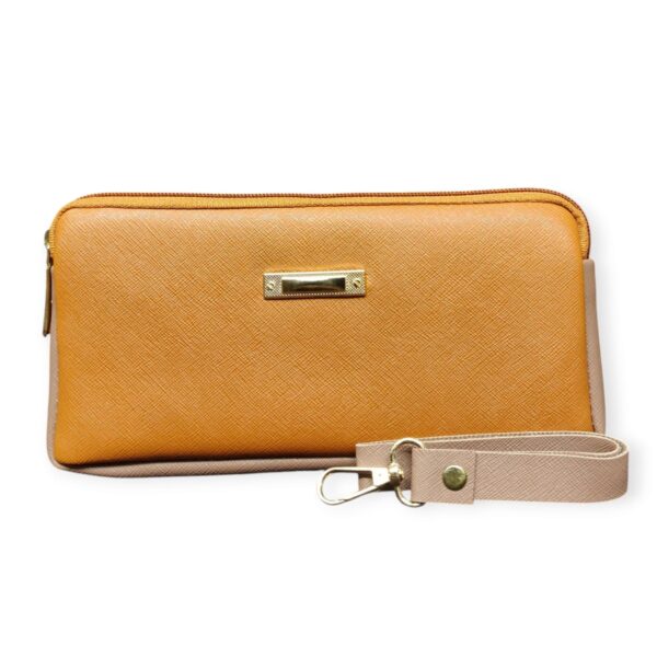 Sophisticated Saffiano-Style Wristlet Wallet - Dual-Tone Brown & Gold