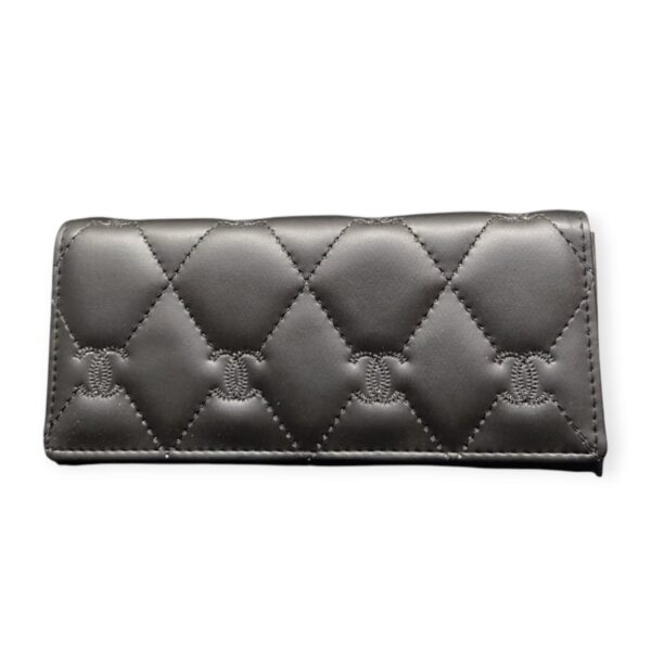 Elegant Quilted Long Wallet - Classic Black with Interlocking "C" Style Stitching - Image 4