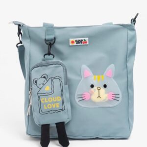 Playful Cat-Face Casual Tote Bag with 'Cloud Love' Pouch - Sky Blue