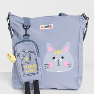 Playful Cat-Face Casual Tote Bag with 'Cloud Love' Pouch