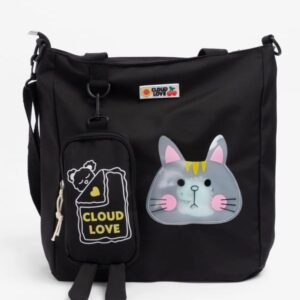 Playful Cat-Face Casual Tote Bag with 'Cloud Love' Pouch - Black