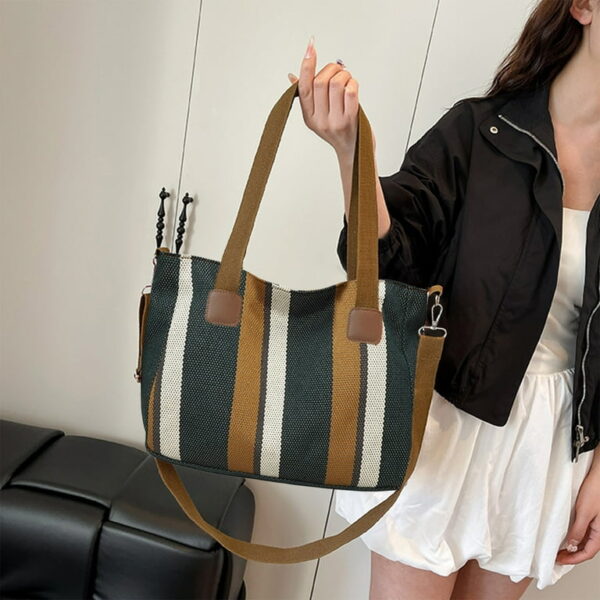 Bohemian Striped Canvas Tote & Shoulder Bag - Earthy Tones - Image 2