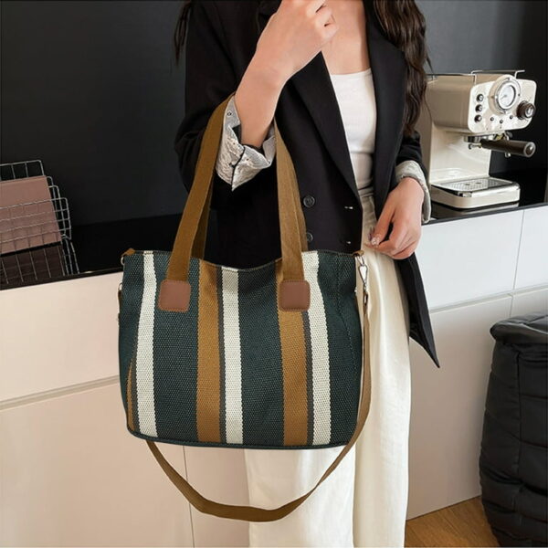 Bohemian Striped Canvas Tote & Shoulder Bag - Earthy Tones - Image 5
