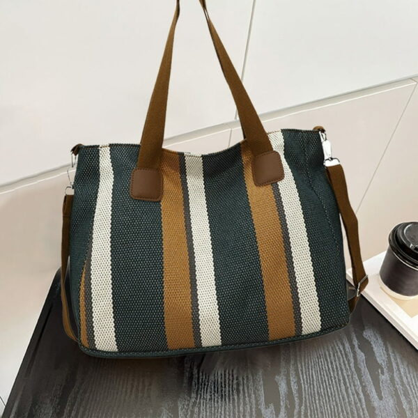 Bohemian Striped Canvas Tote & Shoulder Bag - Earthy Tones - Image 6