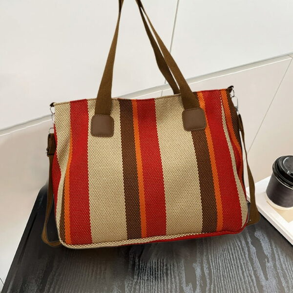 Bohemian Striped Canvas Tote & Shoulder Bag - Earthy Tones - Image 2