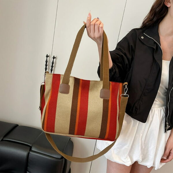 Bohemian Striped Canvas Tote & Shoulder Bag - Earthy Tones - Image 3