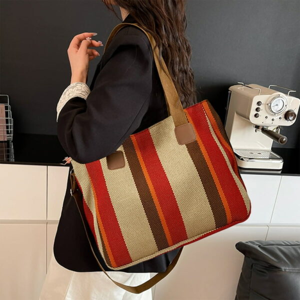 Bohemian Striped Canvas Tote & Shoulder Bag - Earthy Tones - Image 4