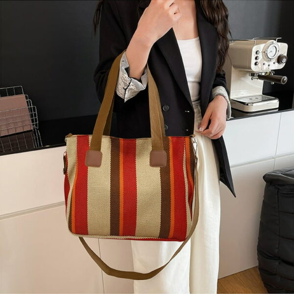 Bohemian Striped Canvas Tote & Shoulder Bag - Earthy Tones - Image 5