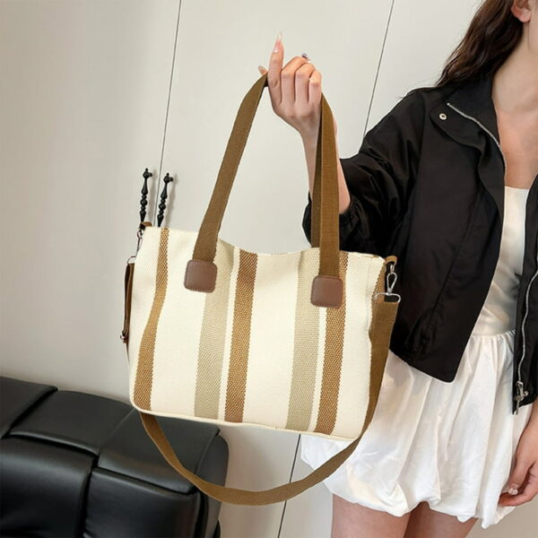 Bohemian Striped Canvas Tote & Shoulder Bag - Earthy Tones - Image 2