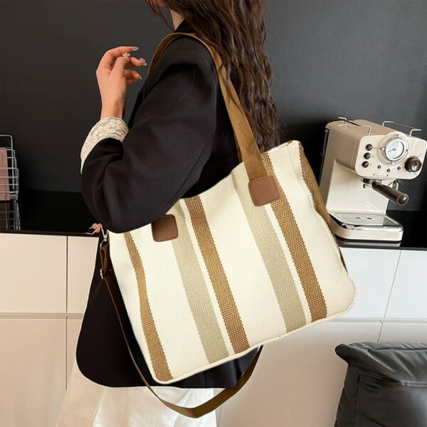 Bohemian Striped Canvas Tote & Shoulder Bag - Earthy Tones - Image 4