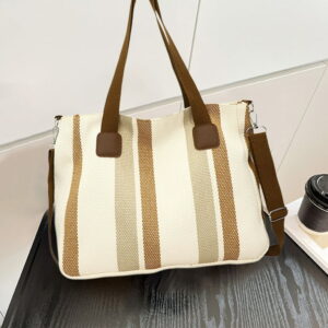 Bohemian Striped Canvas Tote & Shoulder Bag - Earthy Tones