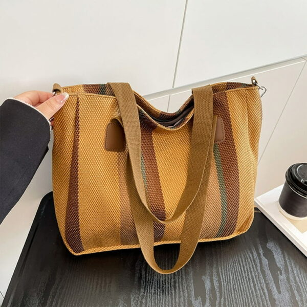 Bohemian Striped Canvas Tote & Shoulder Bag - Earthy Tones - Image 2