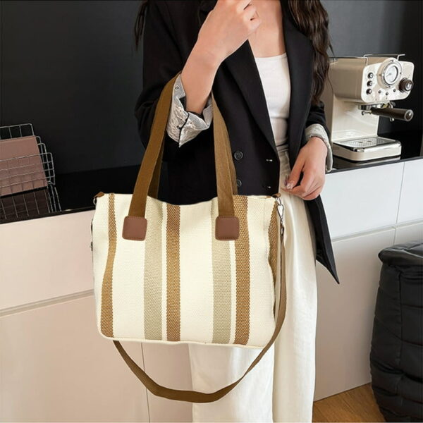Bohemian Striped Canvas Tote & Shoulder Bag - Earthy Tones - Image 5
