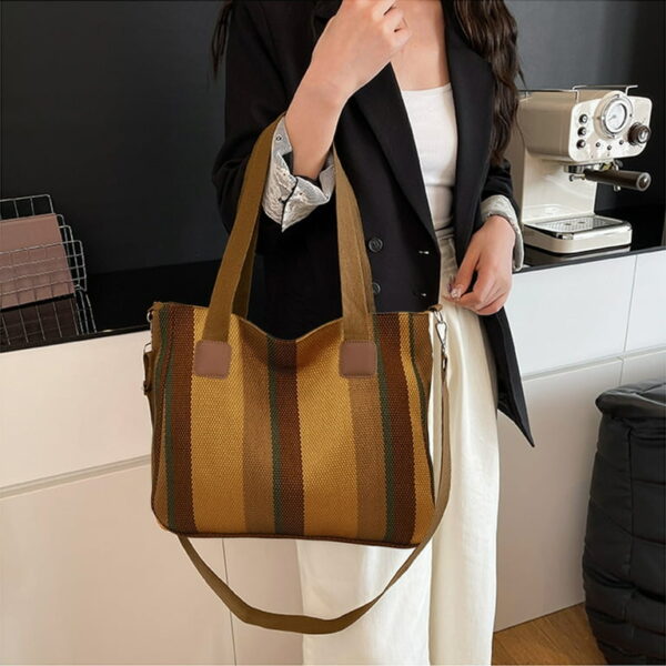 Bohemian Striped Canvas Tote & Shoulder Bag - Earthy Tones - Image 3