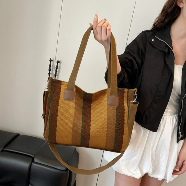 Bohemian Striped Canvas Tote & Shoulder Bag - Earthy Tones - Image 4
