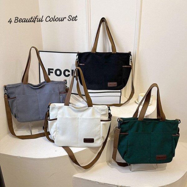 Chic Corduroy Multi-Pocket Tote & Crossbody Bag - 4-Piece Color Set - Image 5