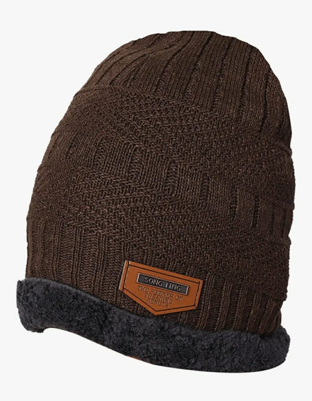 Cozy & Stylish Knitted Beanie Hat - Warm Brown with Plush Lining and "SONG TING" Label