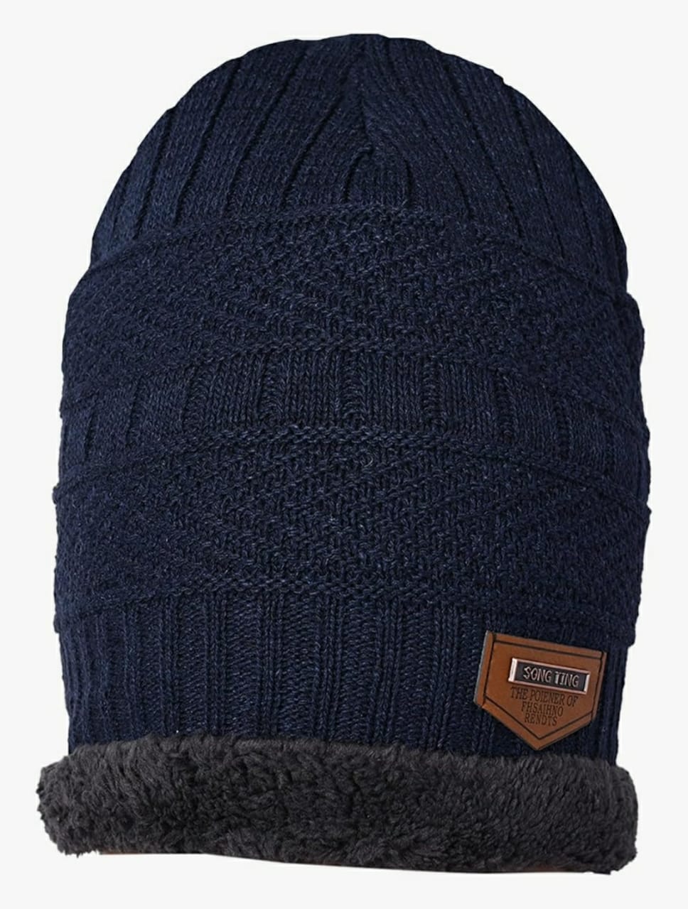 Cozy & Stylish Knitted Beanie Hat - Warm Brown with Plush Lining and "SONG TING" Label - Image 2