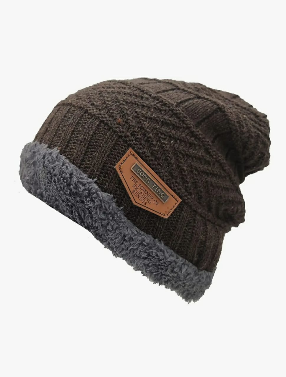 Cozy & Stylish Knitted Beanie Hat - Warm Brown with Plush Lining and "SONG TING" Label - Image 4