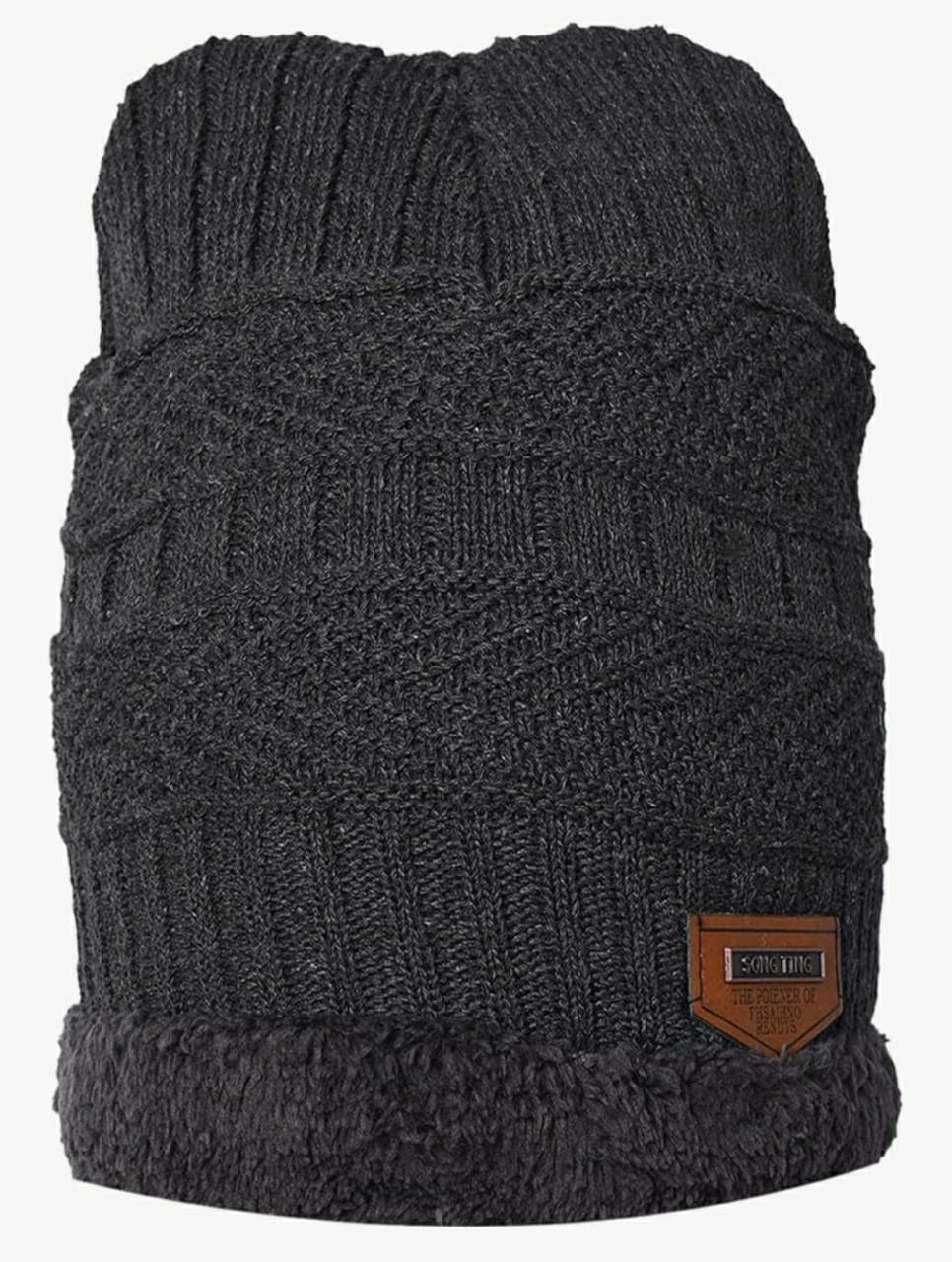 Cozy & Stylish Knitted Beanie Hat - Warm Brown with Plush Lining and "SONG TING" Label - Image 3