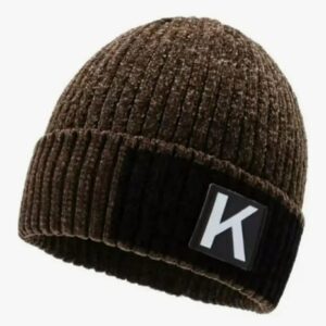 Stylish Ribbed Beanie Hat - Two-Tone Brown/Black with "K" Patch