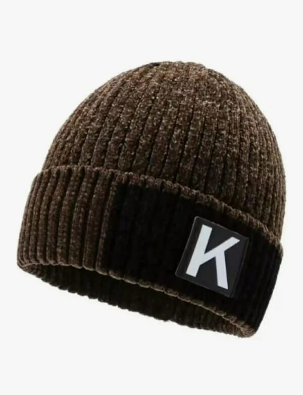 Stylish Ribbed Beanie Hat - Two-Tone Brown/Black with "K" Patch
