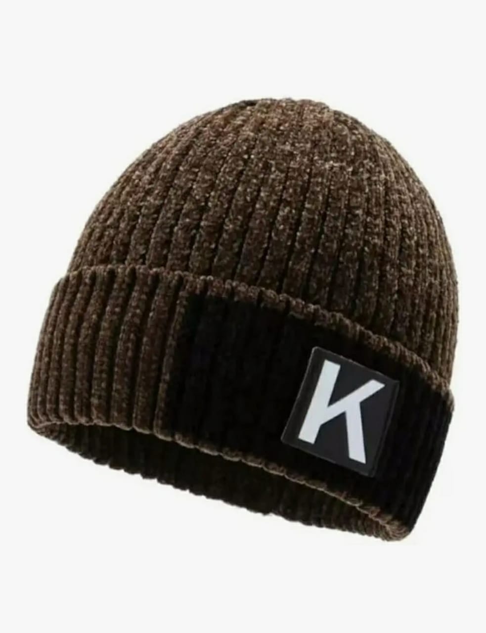 Stylish Ribbed Beanie Hat - Two-Tone Brown/Black with "K" Patch