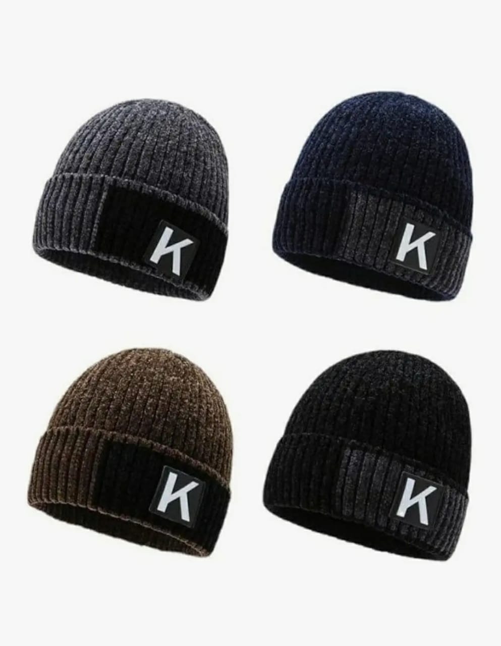 Stylish Ribbed Beanie Hat - Two-Tone Brown/Black with "K" Patch - Image 2