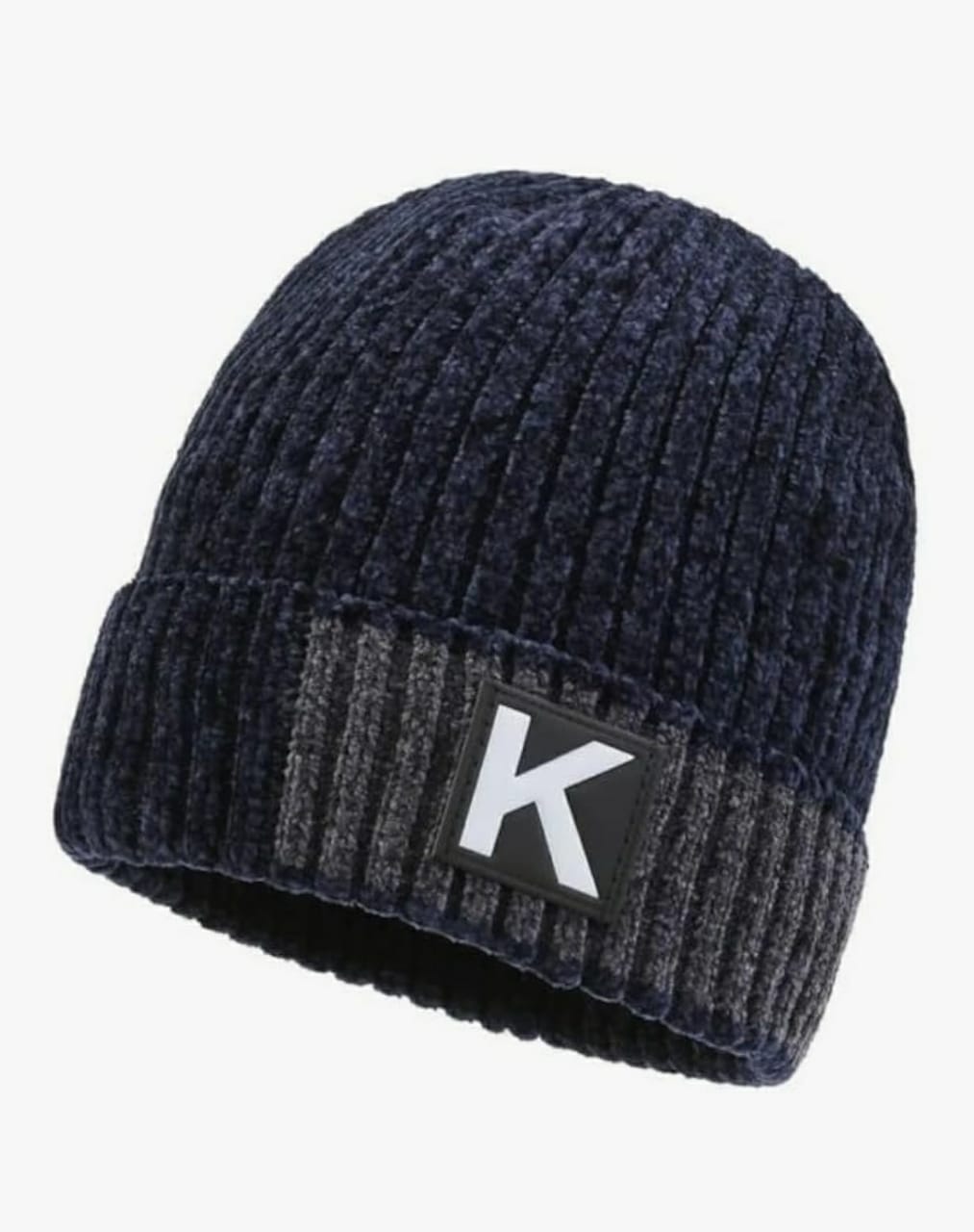 Stylish Ribbed Beanie Hat - Two-Tone Brown/Black with "K" Patch - Image 3